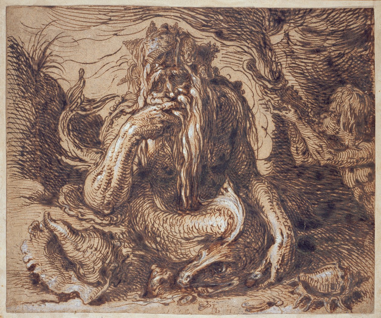 Neptun, 1610 (pióro i tusz wzmocnione gwaszem na papierze) autorstwa Jacques II de Gheyn