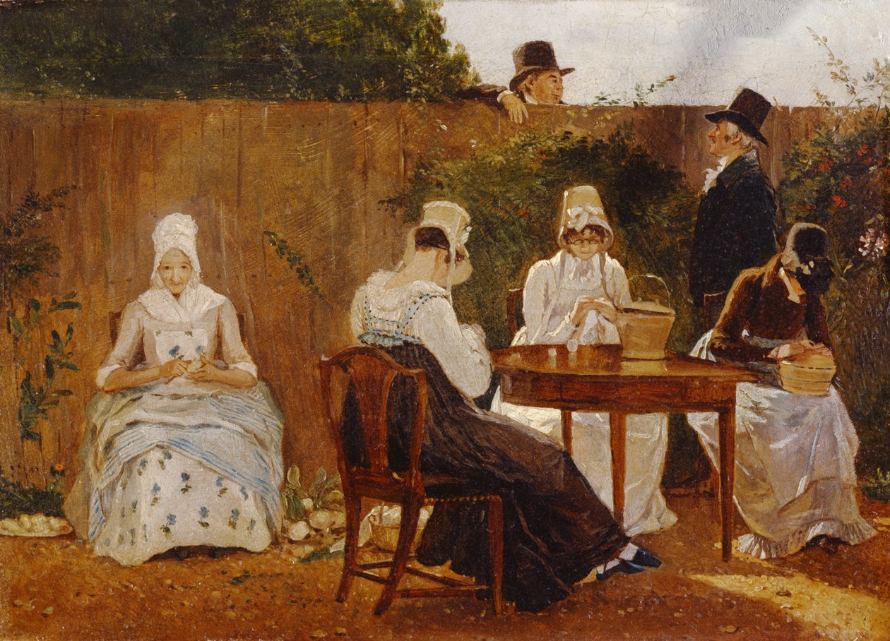 Rodzina Chalon w swoim londyńskim ogrodzie miejskim, początek XIX wieku (olej na tablicy Akademii) autorstwa Jacques Laurent Agasse