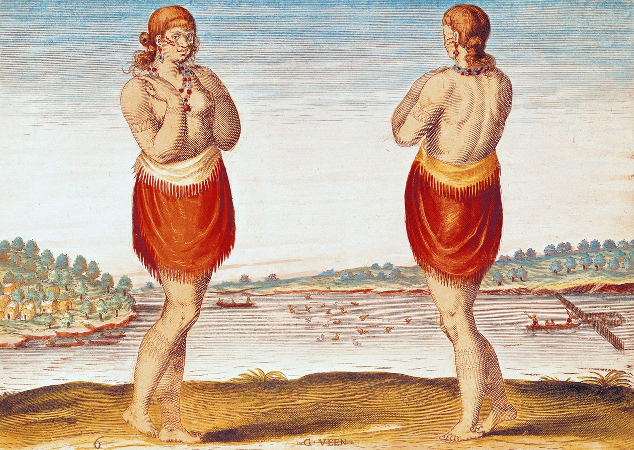 Młoda szlachcianka z Secoton z „Admiranda Narratio...”, sztychowana przez Theodore de Bry (1528-88) 1585-88 (kolorowa rycina) autorstwa Jacques Le Moyne