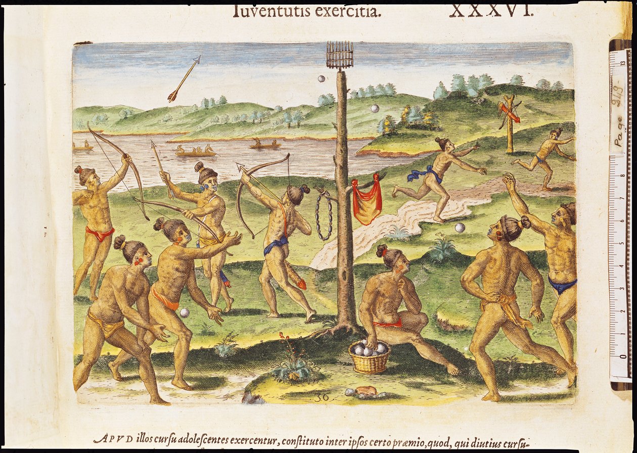 Indianie przygotowujący się do wojny, z "Brevis Narratio...", rycina Theodore de Bry (1528-98) 1591 autorstwa Jacques Le Moyne