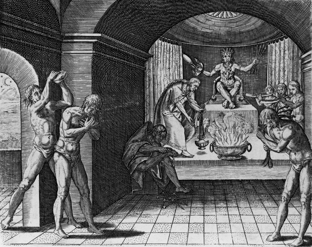 Nabożeństwo religijne pokuty Indian meksykańskich, z „Americae”, 1602, napisane i ryte przez Theodora de Bry (1528-98) autorstwa Jacques Le Moyne