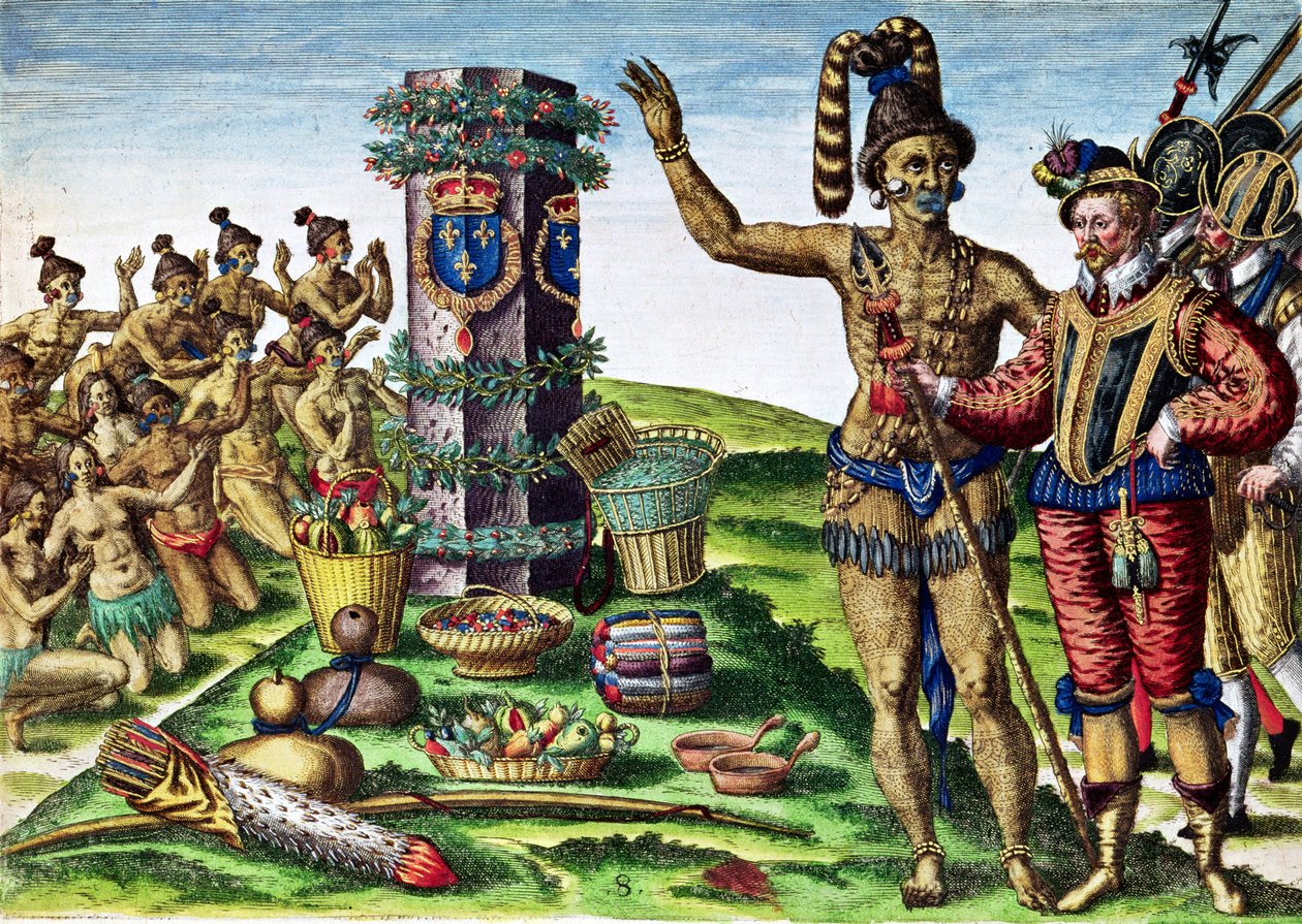 Rene Goulaine de Laudonniere (ok. 1529-82) i Chief Athore przed Kolumną Ribaulta, z „Brevis Narratio...”, rytowane przez Theodore de Bry (1528-98) 1563 autorstwa Jacques Le Moyne