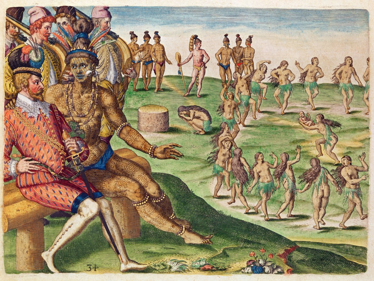 Теодор де Бри (1528-98) сийлсэн "Бревис Нарратио.."-оос "Анхны хүүгийн золиос" нь Франкфурт хотод хэвлэгдсэн, 1591 онд хэвлэгдсэн. autorstwa Jacques Le Moyne