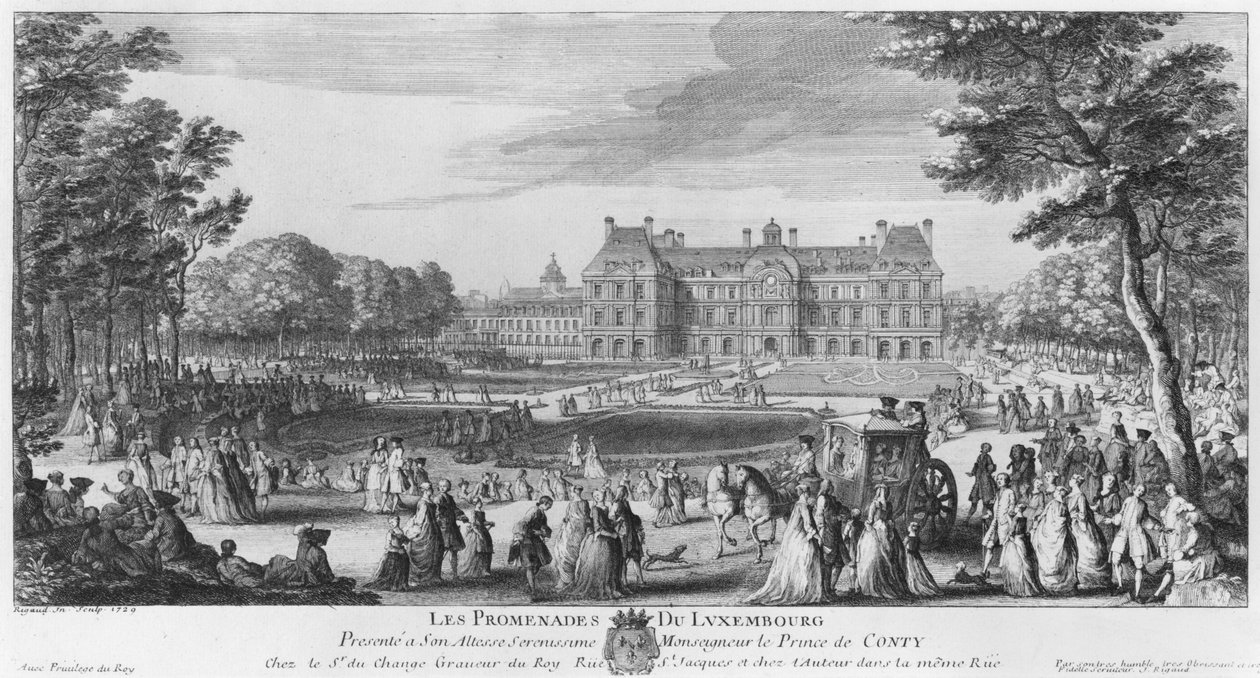 Spacer po Ogrodach Luksemburskich, 1729 r. autorstwa Jacques Rigaud