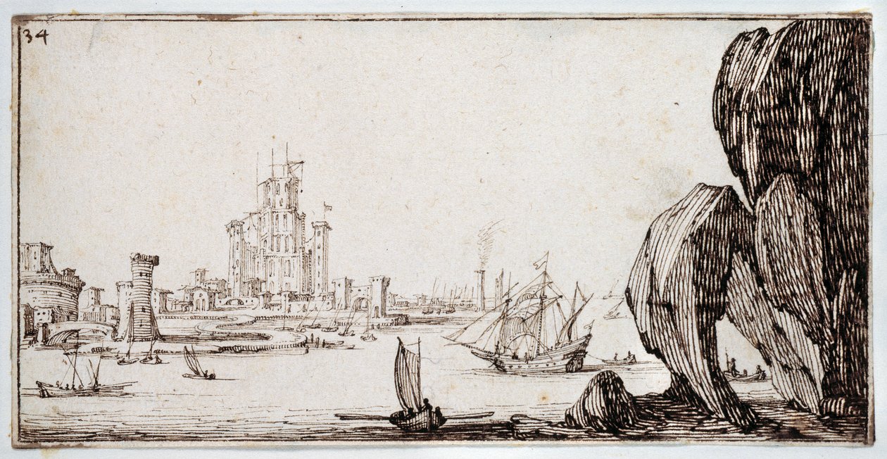 Port (pióro i brązowy atrament na papierze) autorstwa Jacques Callot