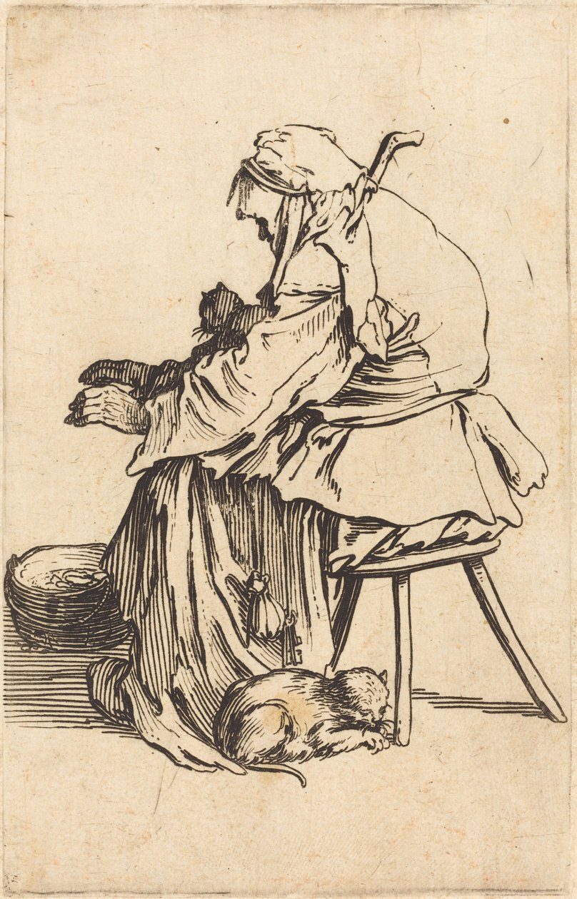 Stara kobieta z kotami autorstwa Jacques Callot
