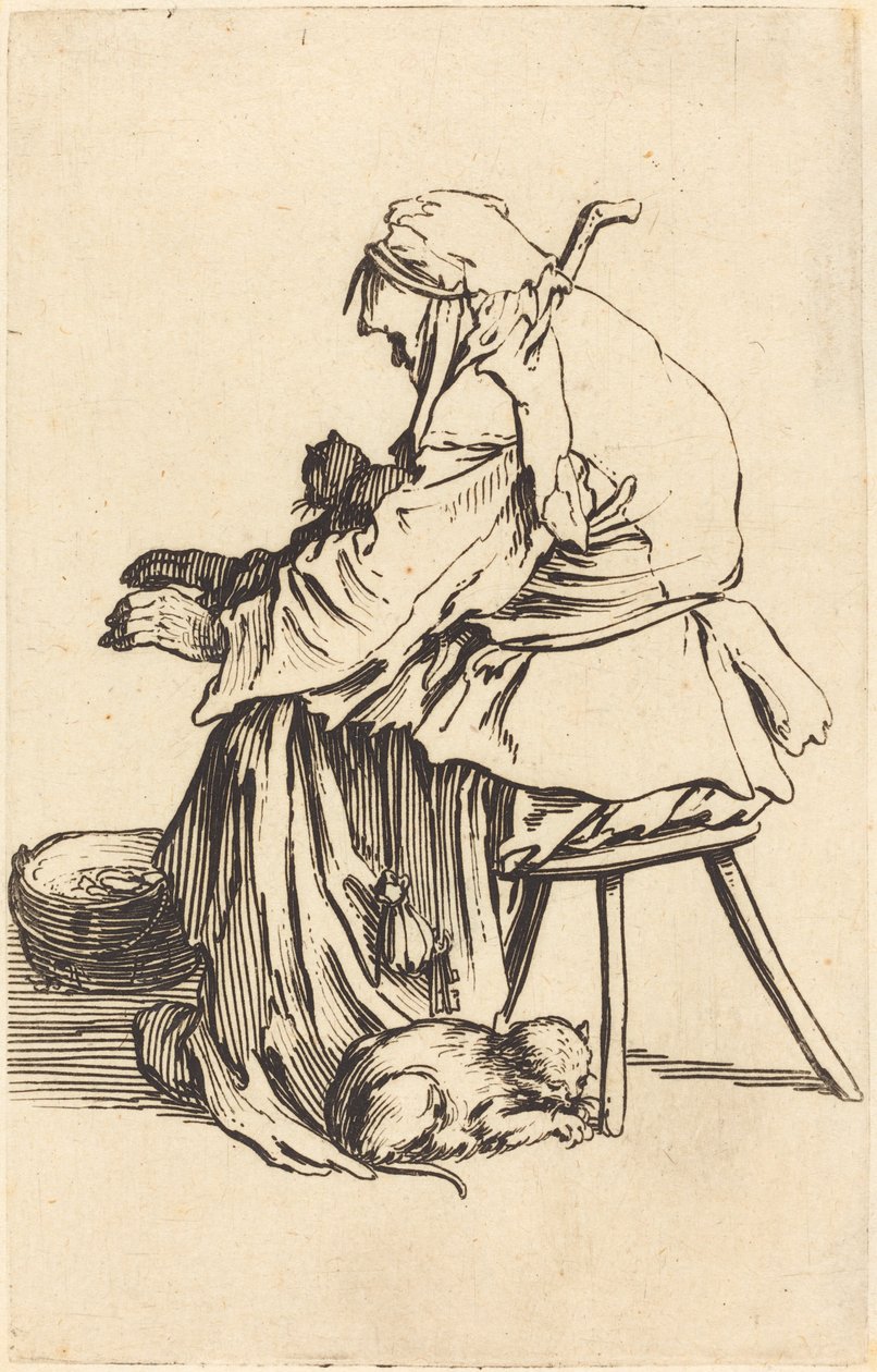 Stara kobieta z kotami autorstwa Jacques Callot