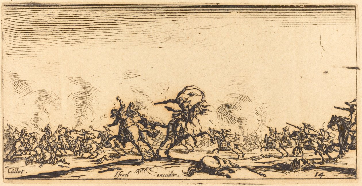 Walka kawalerii pistoletami autorstwa Jacques Callot