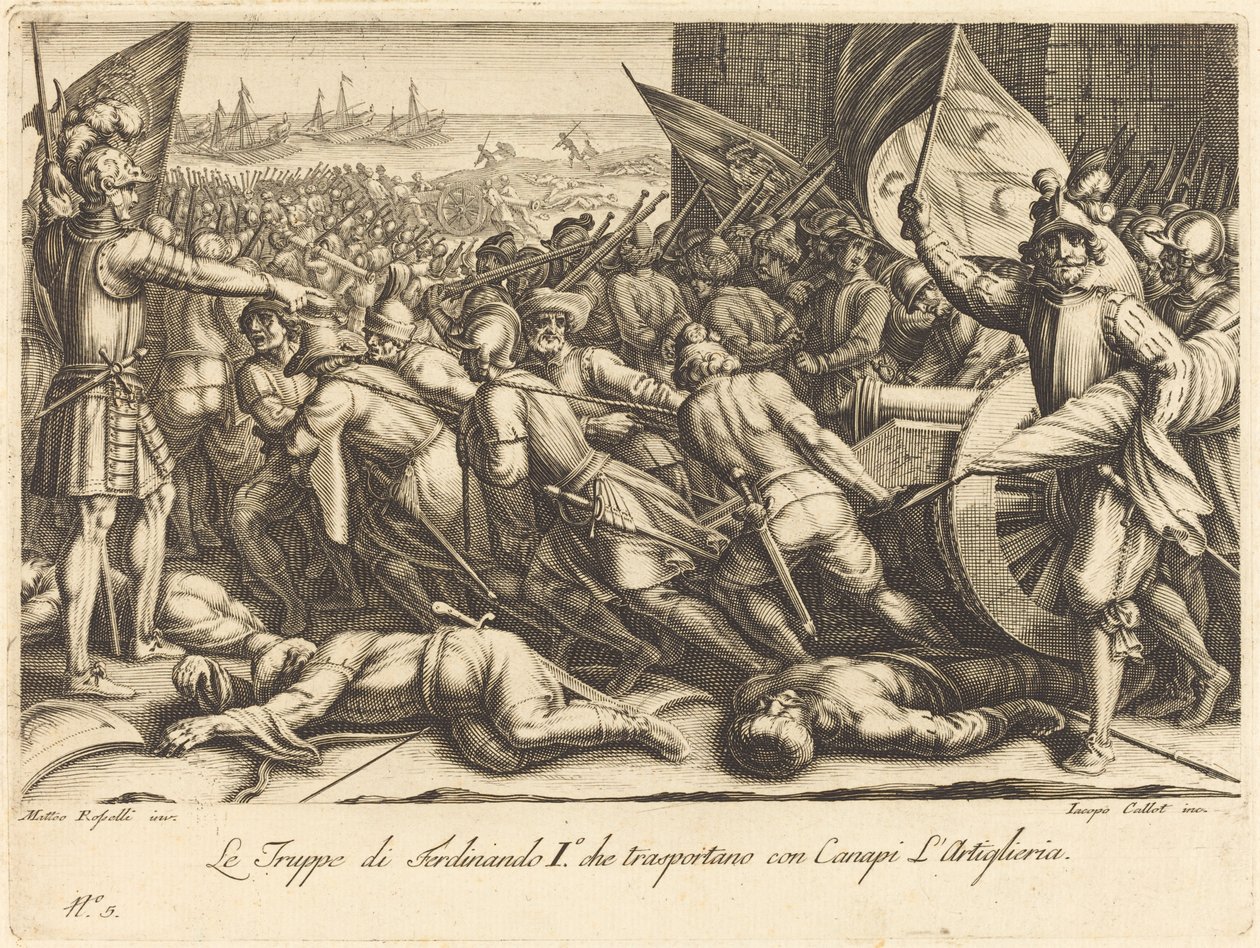 Ponowne zaokrętowanie wojsk, ok. godz. 1614. autorstwa Jacques Callot