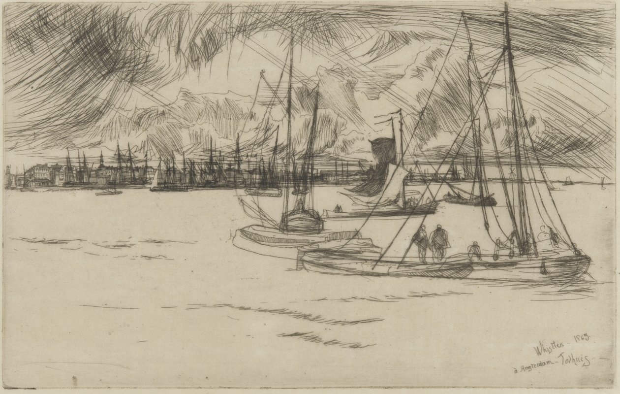 Amsterdam z Tolhuis, 1863 (akwaforta na papierze) autorstwa James Abbott McNeill Whistler