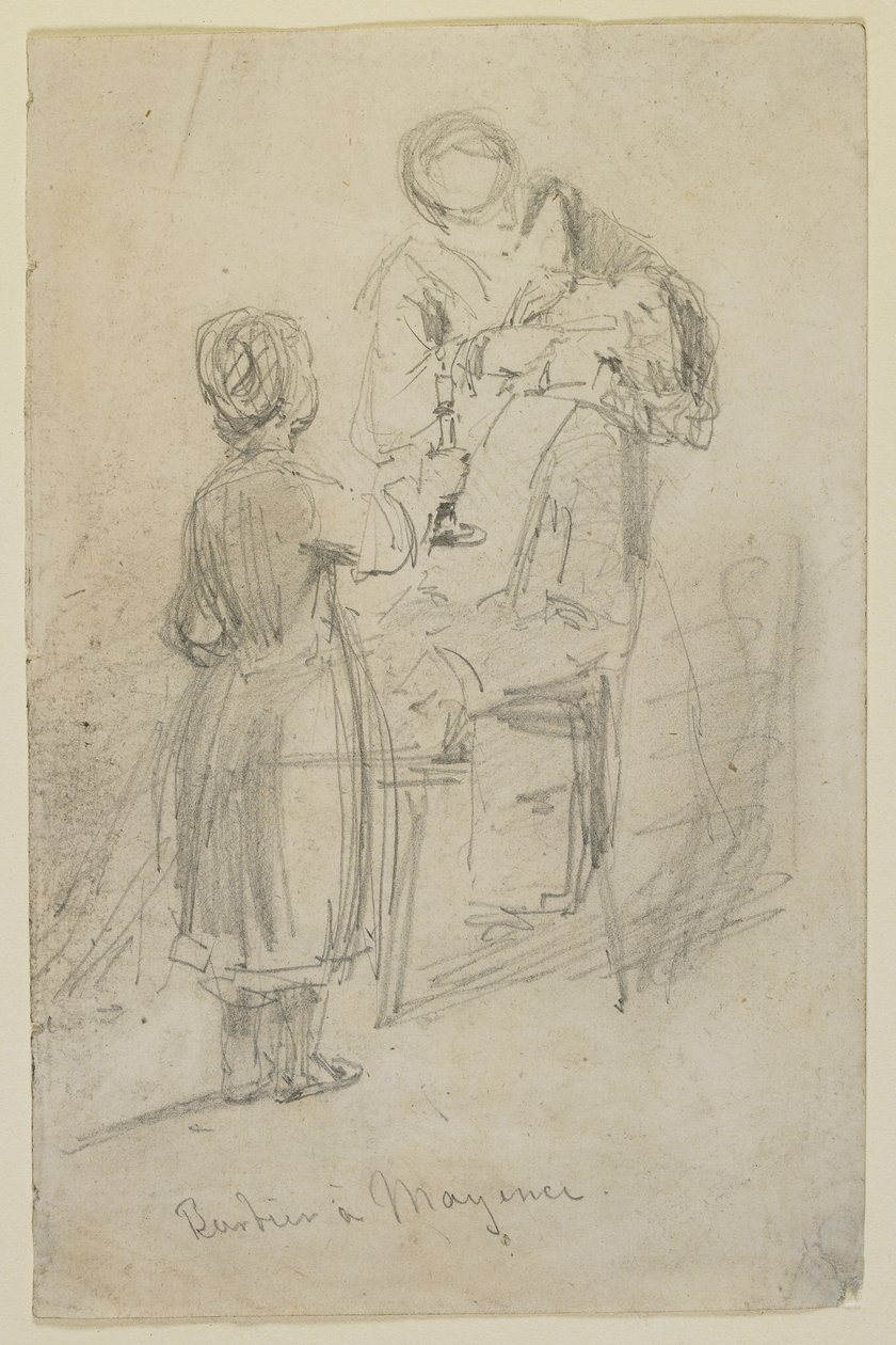 Barber in Mayence, 1858 (ołówek na złamanej bieli papierze) autorstwa James Abbott McNeill Whistler