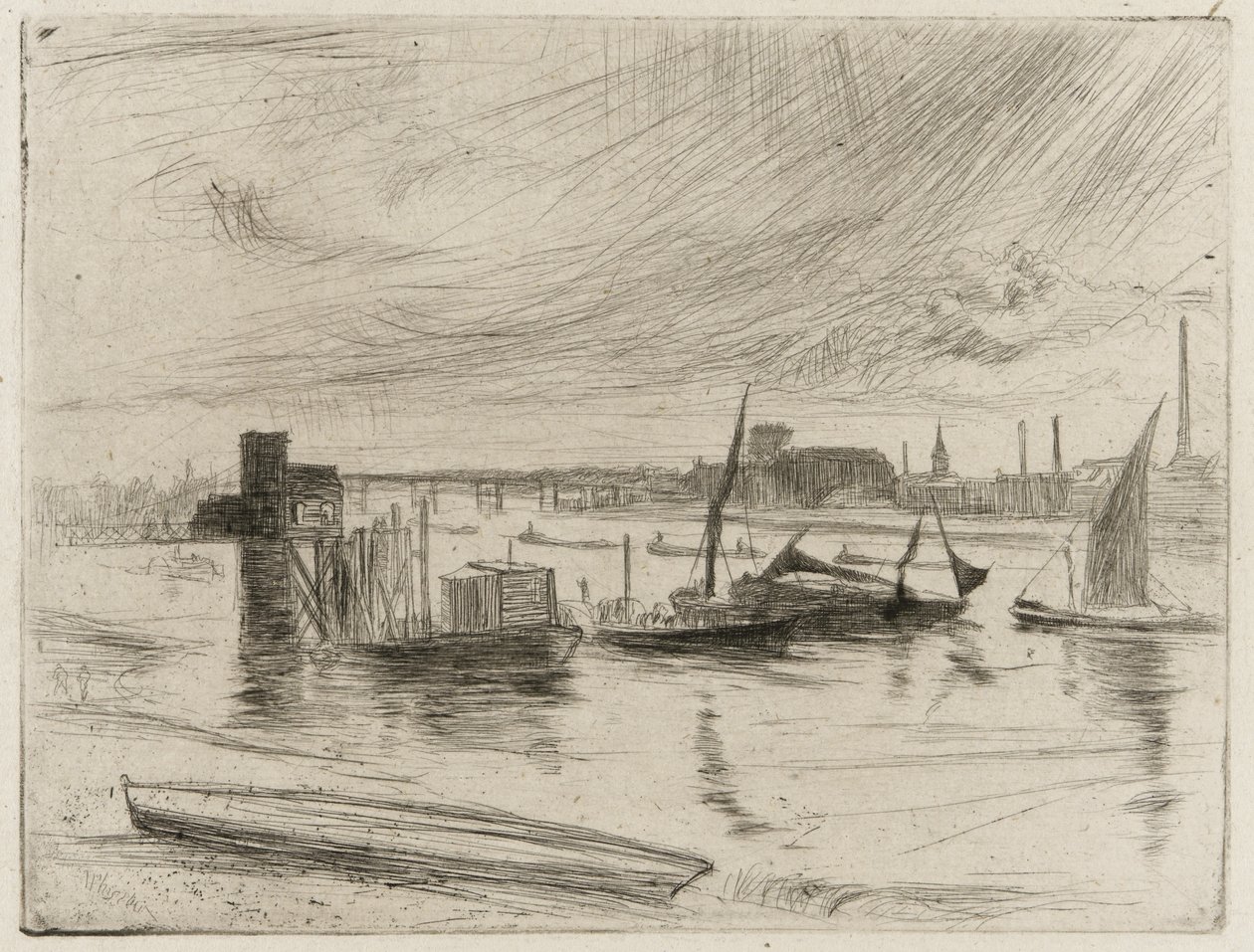 Wczesny poranek, Battersea, 1861 (sucha igła na papierze) autorstwa James Abbott McNeill Whistler