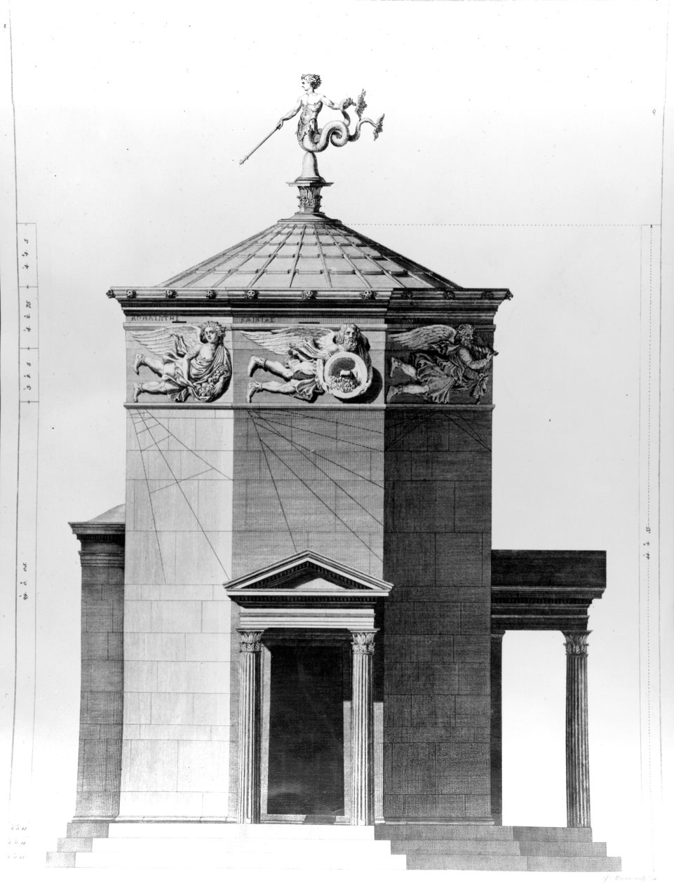 Rekonstrukcja Wieży Wiatrów na rzymskiej agorze w Atenach, wyryta w 1762 r. autorstwa James Basire