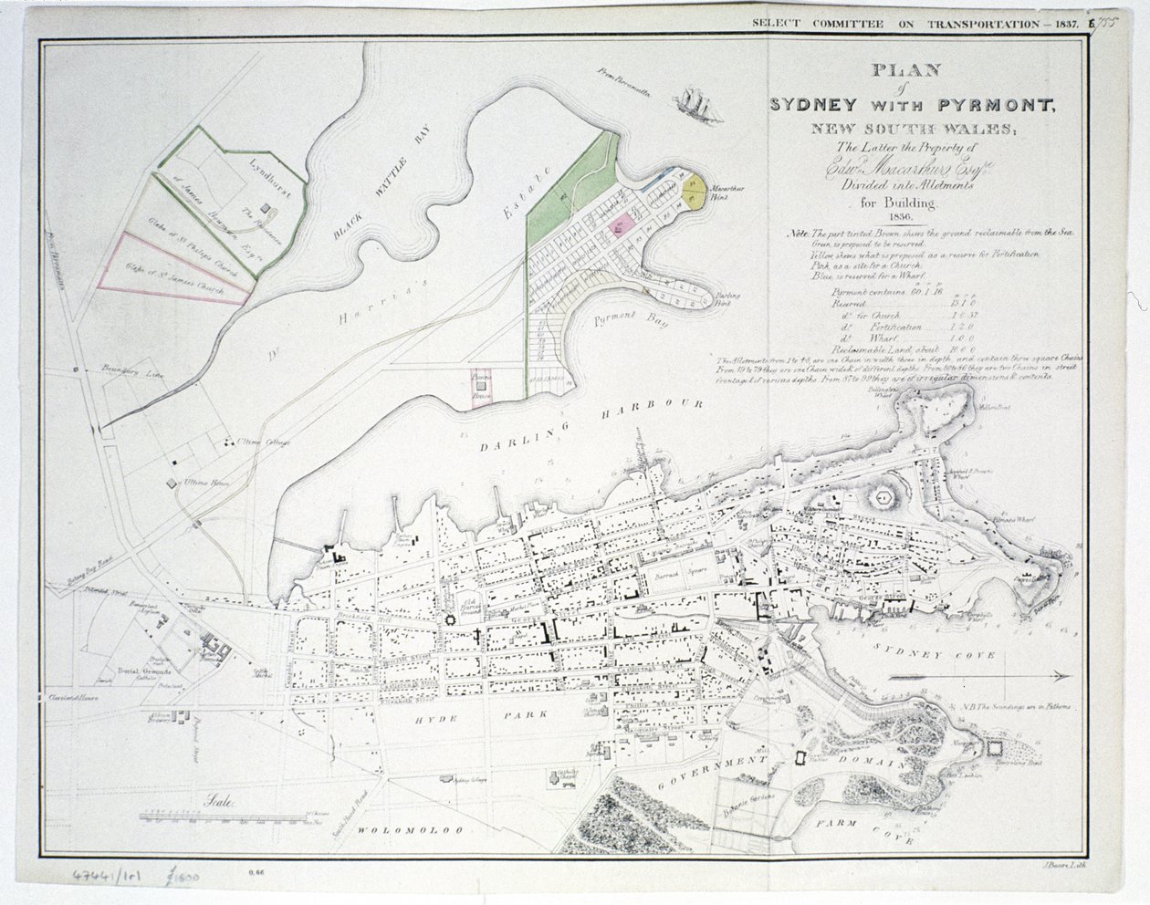 Plan Sydney z Pyrmont, Nowa Południowa Walia, ostatnia własność Edwarda Macarthura Esquire Podzielona na działki budowlane, 1836, opublikowana przez Jamesa i Łukasza G. Hansarda und Sonsa, Londyn, 1837 autorstwa James Basire