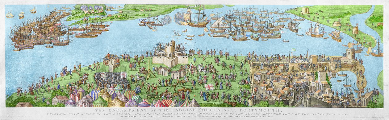 Obozowisko sił angielskich w pobliżu Portsmouth podczas bitwy pod Solent, 1778 (rycina) (późniejsze zabarwienie) autorstwa James Basire