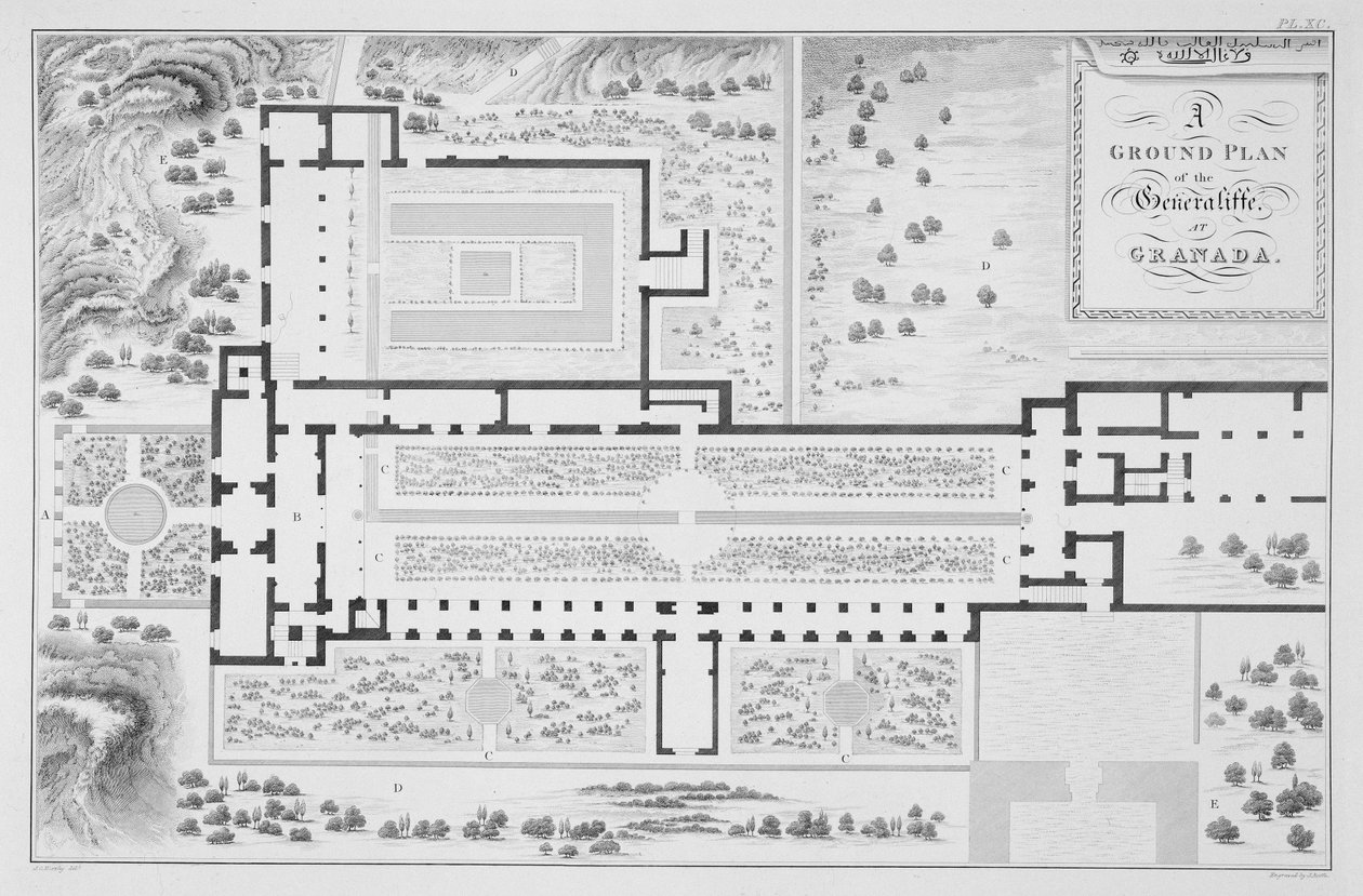 Plan terenu ogrodów Generalife, Granada, z „Arabskich Starożytności Hiszpanii”, rytowany przez Johna Roffe (1769-1850), opublikowany 1815 autorstwa James Cavanagh Murphy