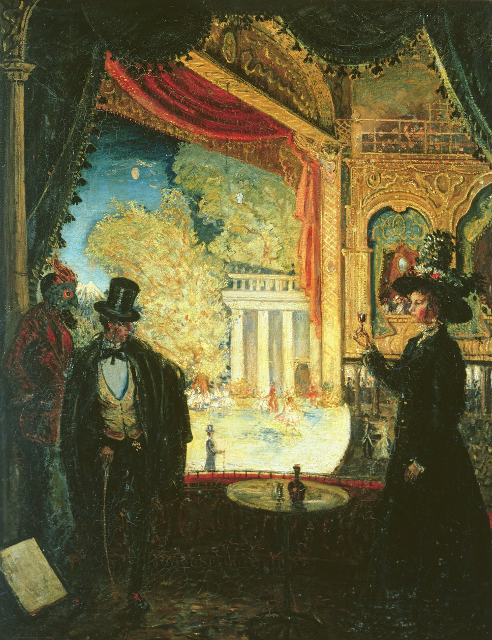 Scena w teatrze. Przedstawienie widziane z pudła, w którym stoją trzy postacie, 1908 autorstwa James Dickson Innes