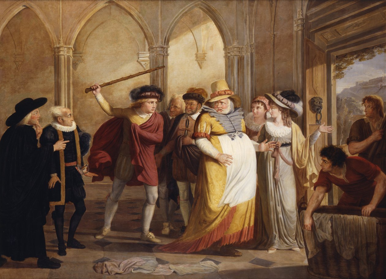 Falstaff w przebraniu prowadzonym przez panią Page, akt 4, scena 2, w Wesołych żon z Windsor, William Shakespeare (1564-1616) c.1805 autorstwa James Durno