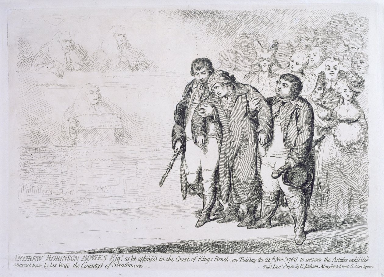 Andrew Robinson Bowes Esq. kiedy pojawił się na dworze ławy królewskiej we wtorek 28 listopada 1786 roku, aby odpowiedzieć na artykuły wystawione przeciwko niemu przez jego żonę hrabinę Strathmore, opublikowane autorstwa James Gillray