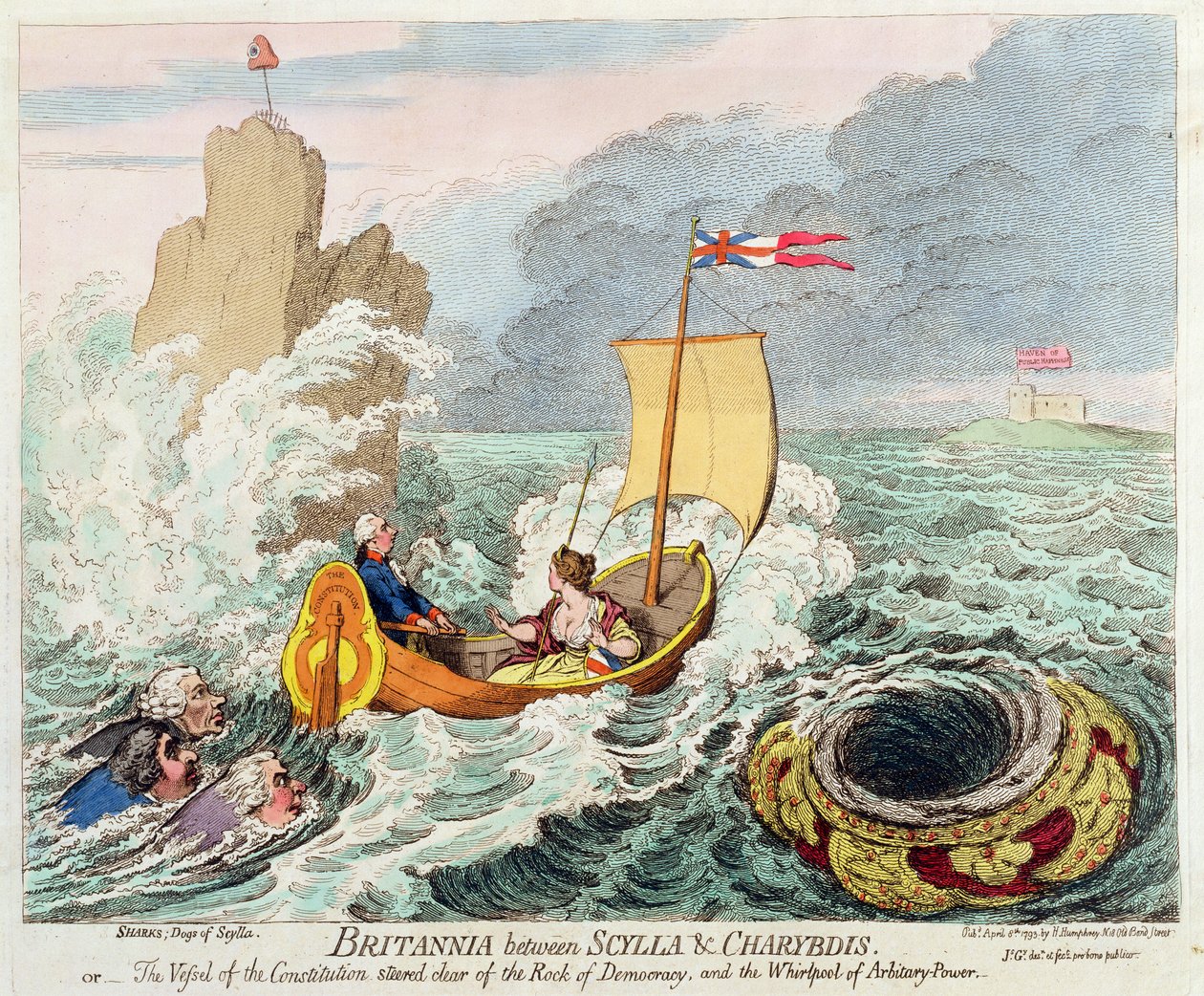 Britannia Between Scylla und Charybdis, czyli Naczynie Konstytucji omijane Skały Demokracji i Wiru Arbitrary Power, opublikowane przez Hannah Humphrey w 1793 r. (kolorowane ręcznie itp. autorstwa James Gillray