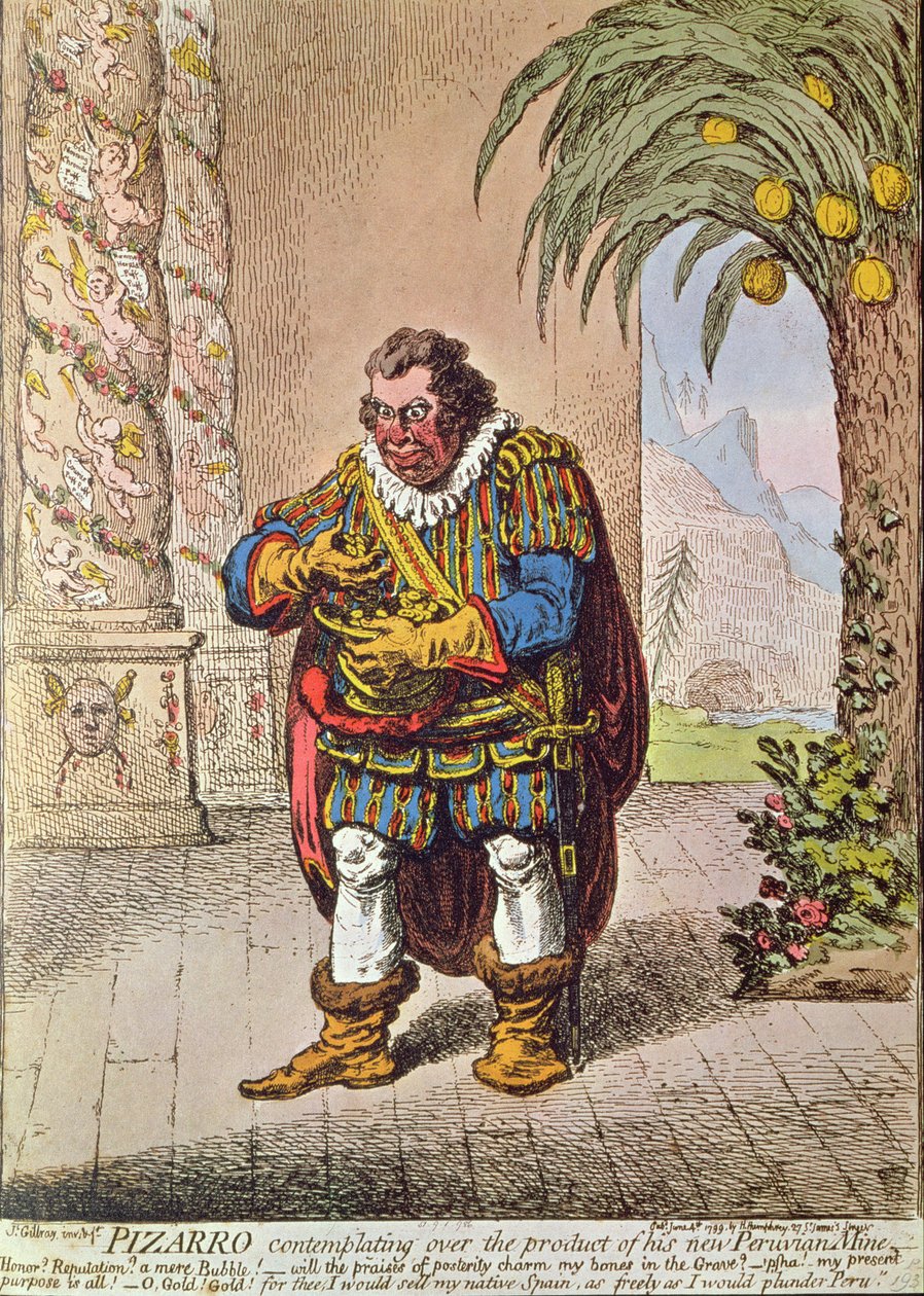 Karykatura Pizarra kontemplującego wyrób swojej nowej peruwiańskiej kopalni autorstwa James Gillray