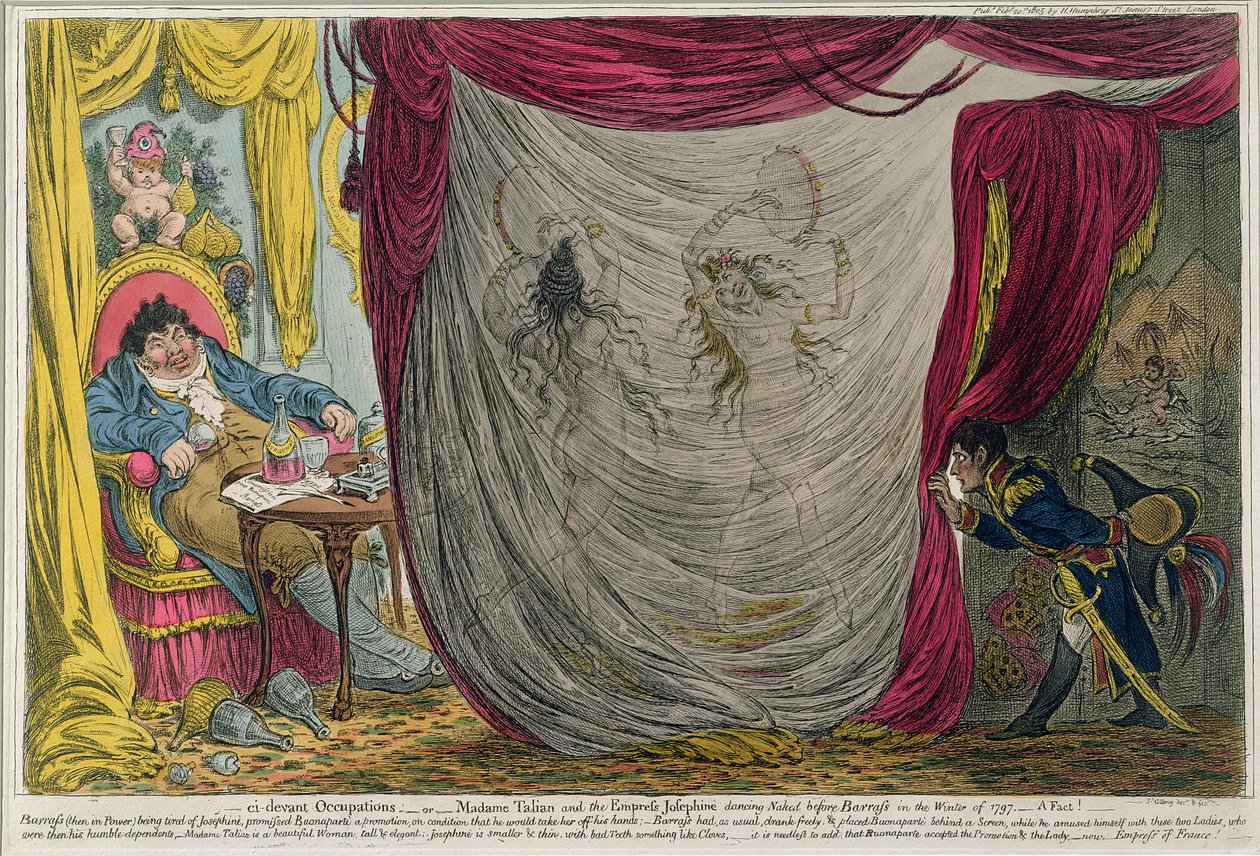 Ci-devant Occupations, or Madame Talian and the Empress Josephine Dancing Naked before Barrass in the Winter of 1797, wydana przez Hannah Humphrey w 1805 roku (akwaforta z akwatintą) autorstwa James Gillray