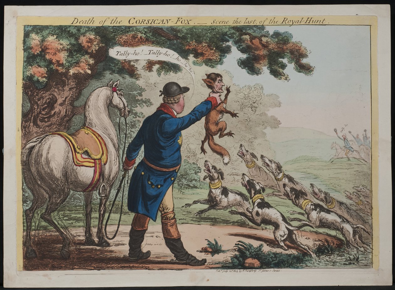 Śmierć lisa korsykańskiego – scena ostatnia z Królewskiego Polowania, 1803 autorstwa James Gillray
