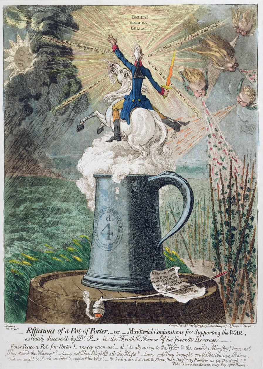 Effusions of a Pot of Porter, czyli ministerialne zaklęcia wspierające wojnę, opublikowane przez Hannah Humphrey w 1799 r. (akwaforta ręcznie kolorowana) autorstwa James Gillray