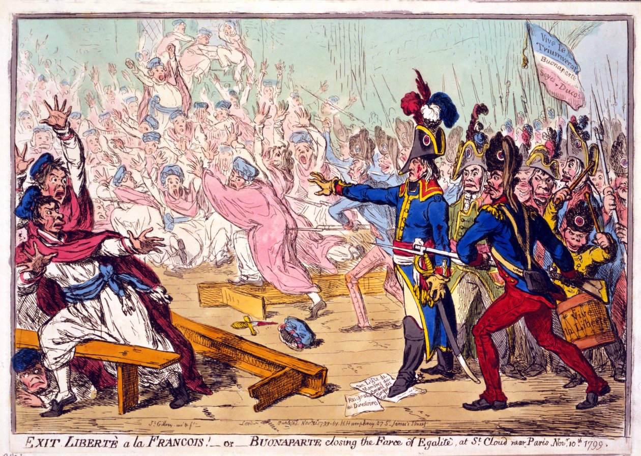 Wyjdź Libertè a la Francois! lub Buonaparte zamykający Farsę Egalité, w St. Cloud pod Paryżem 10 listopada 1799, wyd. 1799 (ręcznie kolorowane grawerowanie) autorstwa James Gillray