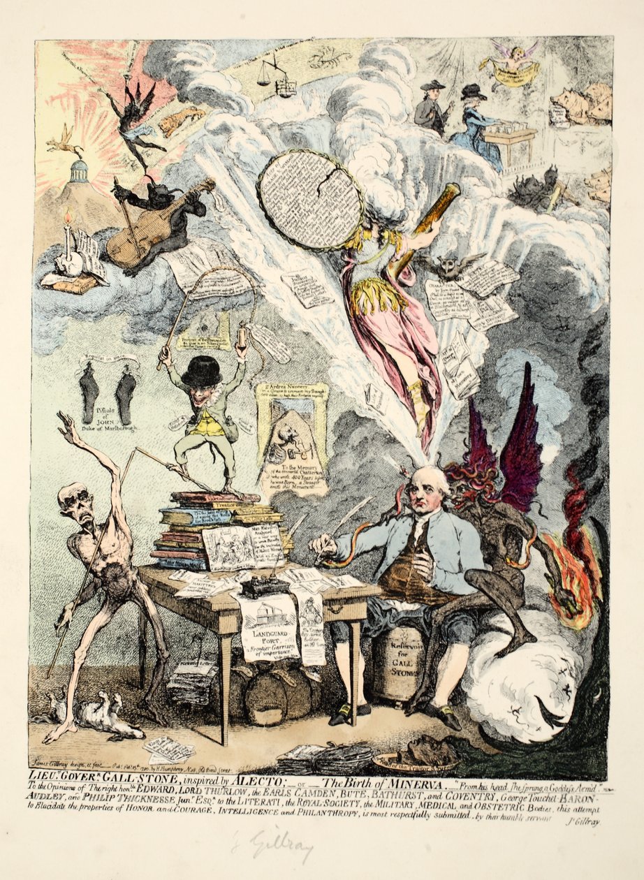Gubernator porucznik Gall-Stone, inspirowany Alecto, czyli Narodziny Minerwy, 1790 (akwaforta ręcznie kolorowana) autorstwa James Gillray