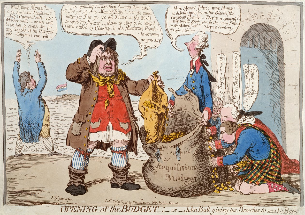 Otwarcie budżetu albo John Bull oddający spodnie, by ratować swój bekon, opublikowane 17 listopada 1796 r. autorstwa James Gillray