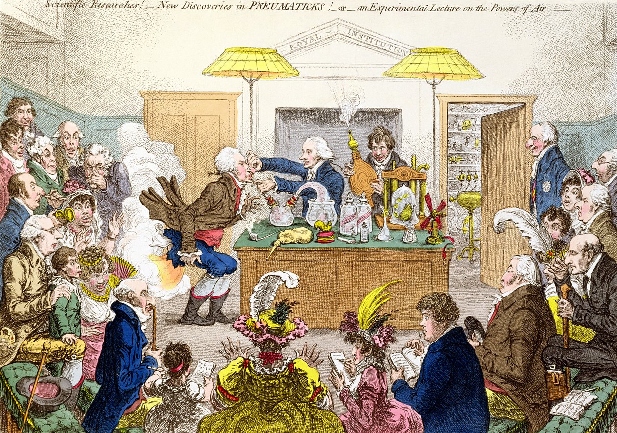 Badania naukowe! Nowe odkrycia w PNEUMATYKACH! lub An Experimental Lecture on the Powers of Air, karykatura wykładu w Royal Institution ukazującego działanie gazu rozweselającego (nitro autorstwa James Gillray