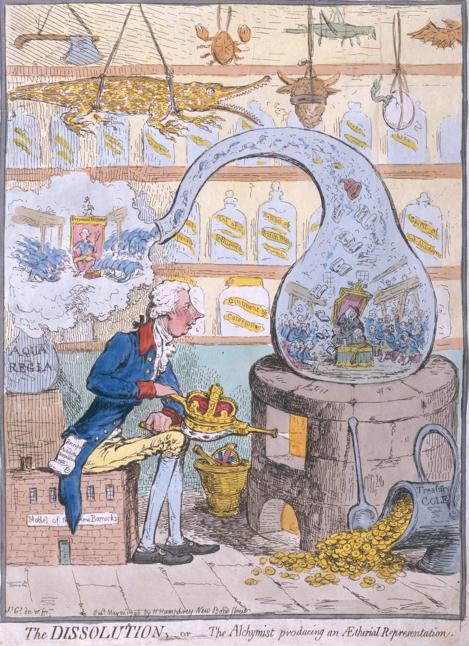 The Dissolution lub the Alchymist tworzący Aetherial Representation, opublikowany przez Hannah Humphrey w 1796 (akwaforta ręcznie kolorowana) autorstwa James Gillray