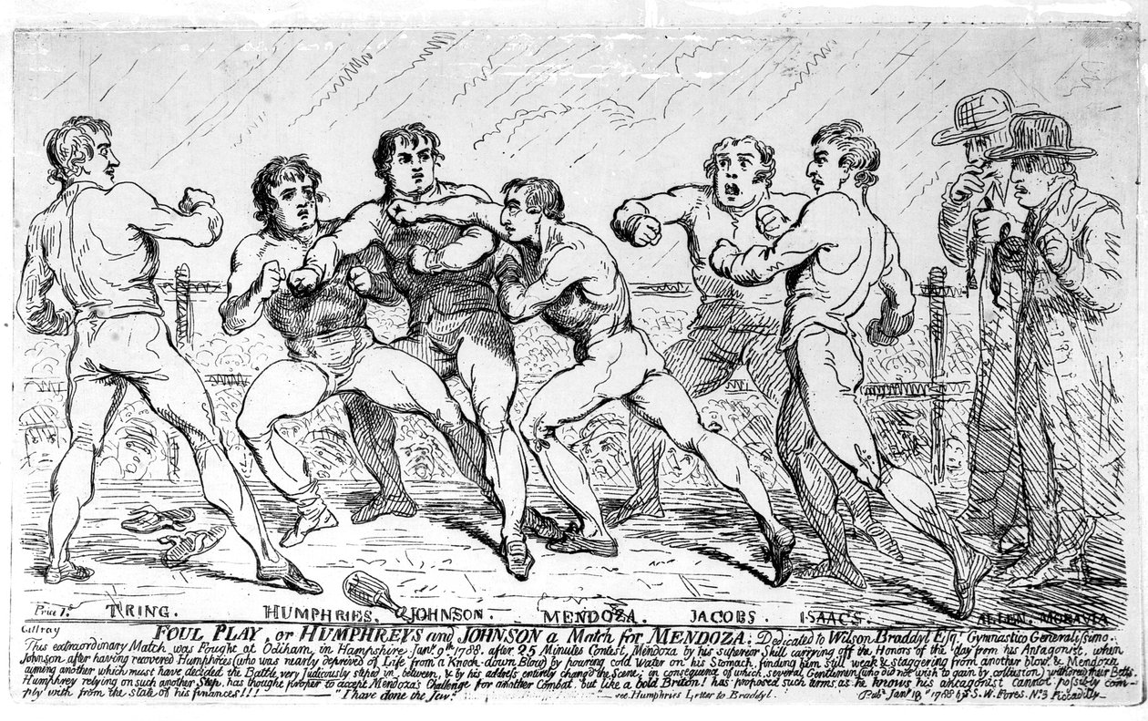 Słynna bitwa między Richardem Humphreysem i Danielem Mendozą, 9 stycznia 1788 r. autorstwa James Gillray