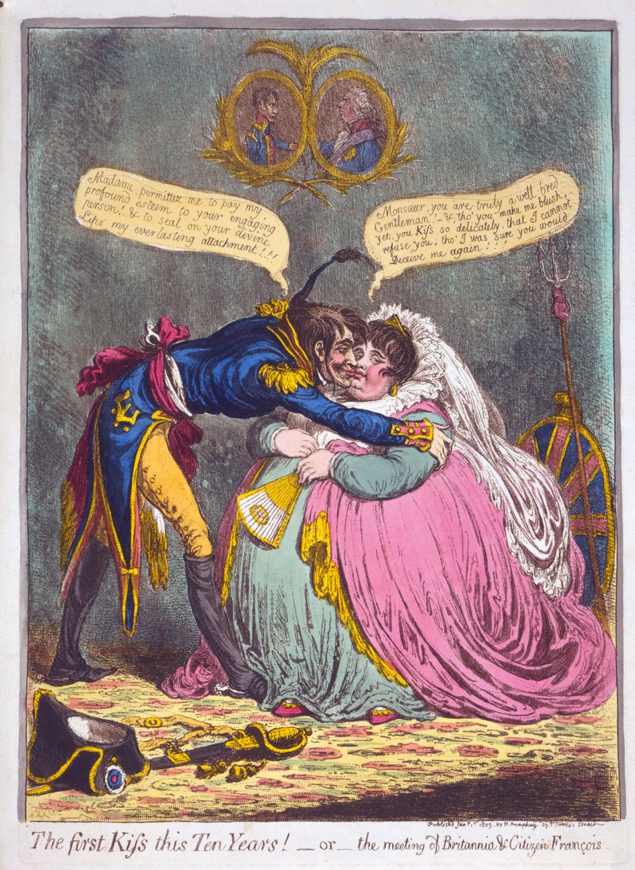 Pierwszy pocałunek od dziesięciu lat! Or the meeting of Britannia und Citizen Francois, pub. 1803 (rycina ręcznie kolorowana) autorstwa James Gillray