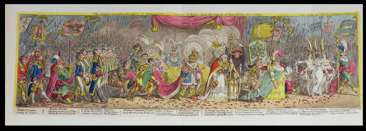 Wielka Procesja Koronacyjna Napoleona, I Cesarza Francji, z kościoła Notre-Dame, 2 grudnia 1804, opublikowana 1805 (akwaforta, rycina i akwatinta) autorstwa James Gillray
