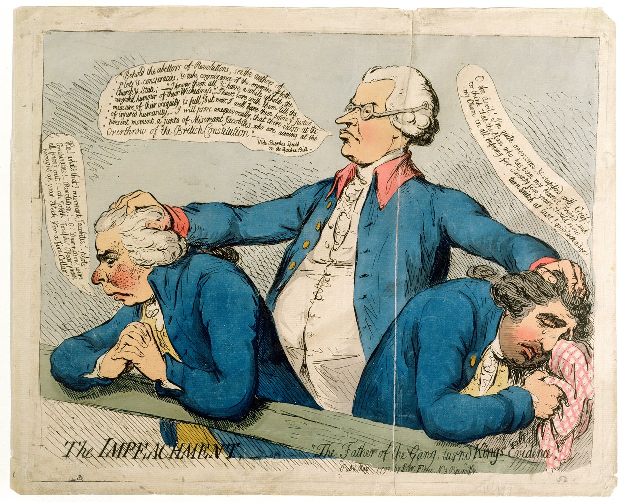 Impeachment, czyli „Ojciec gangu, który stał się dowodem króla”, opublikowany przez S.W. Fores w 1791 (akwaforta ręcznie kolorowana) autorstwa James Gillray