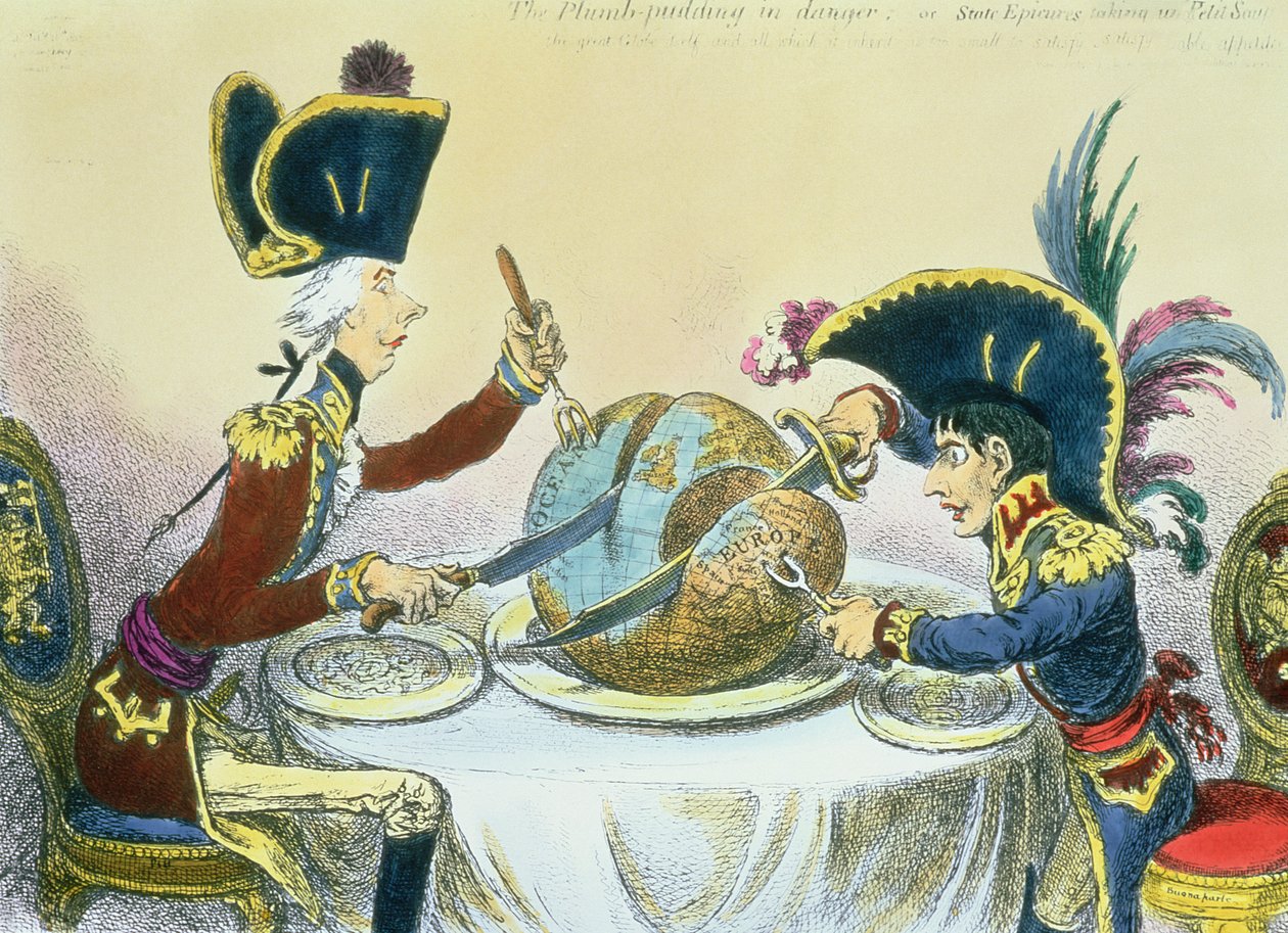 Pudding śliwkowy w niebezpieczeństwie, 1805 (kolor grawerowany) autorstwa James Gillray