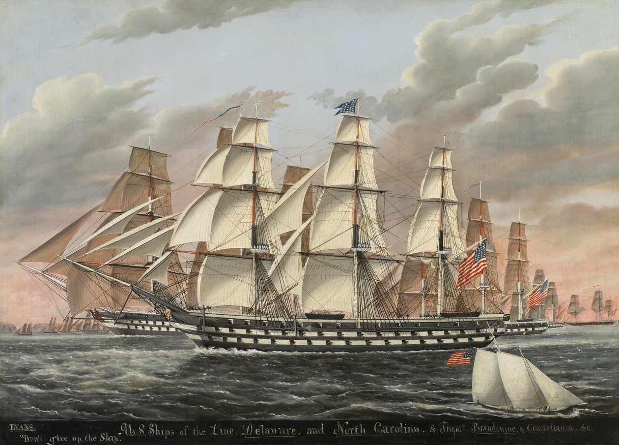 US Ships-of-the-Line i fregaty Delaware i North Carolina, Brandywine i Constellation, 1848 autorstwa James Guy Evans