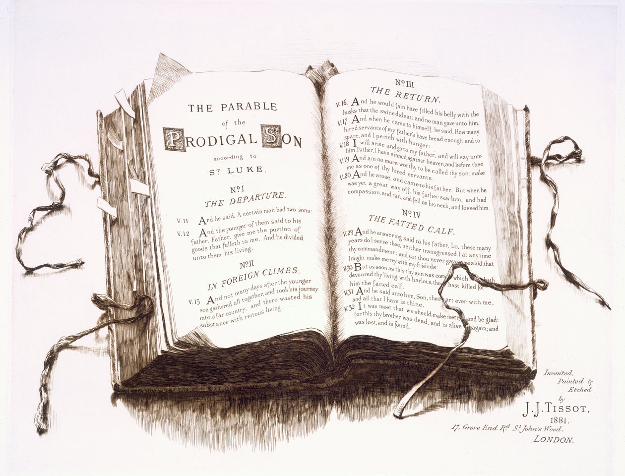 Biblia otwarta na Przypowieści o synu marnotrawnym, 1881 9etching) autorstwa James Jacques Joseph Tissot