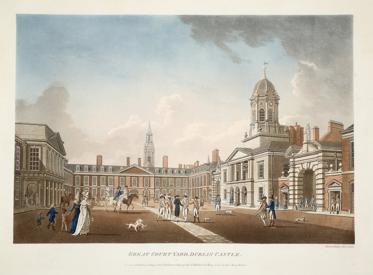 The Great Court Yard, Dublin Castle, 1792 (ręcznie kolorowany grawerunek) autorstwa James Malton