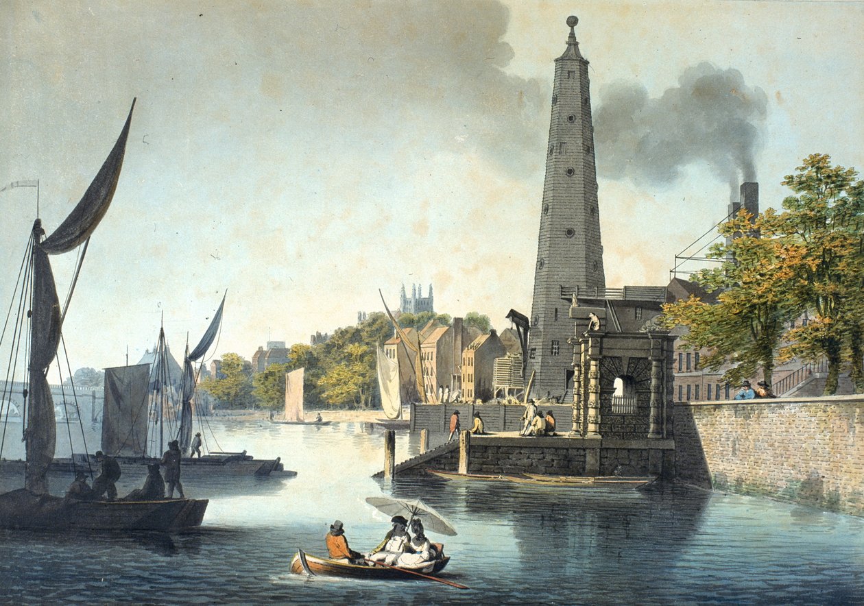 Tamiza patrząca w stronę Westminster z York Water Gate i York Building Water Works (wc na papierze (tkana)) autorstwa James Malton