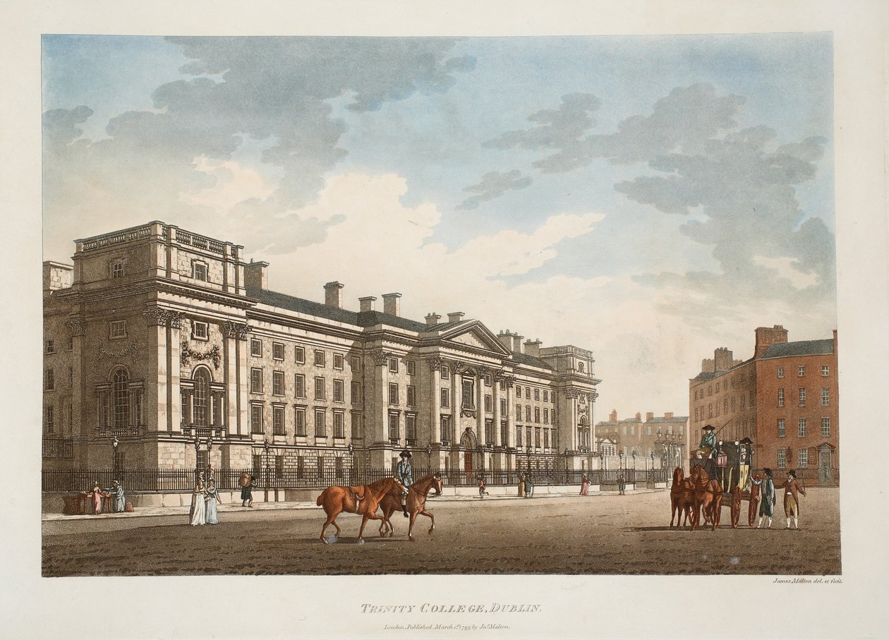 Trinity College, Dublin, 1793 (rycina ręcznie kolorowana) autorstwa James Malton