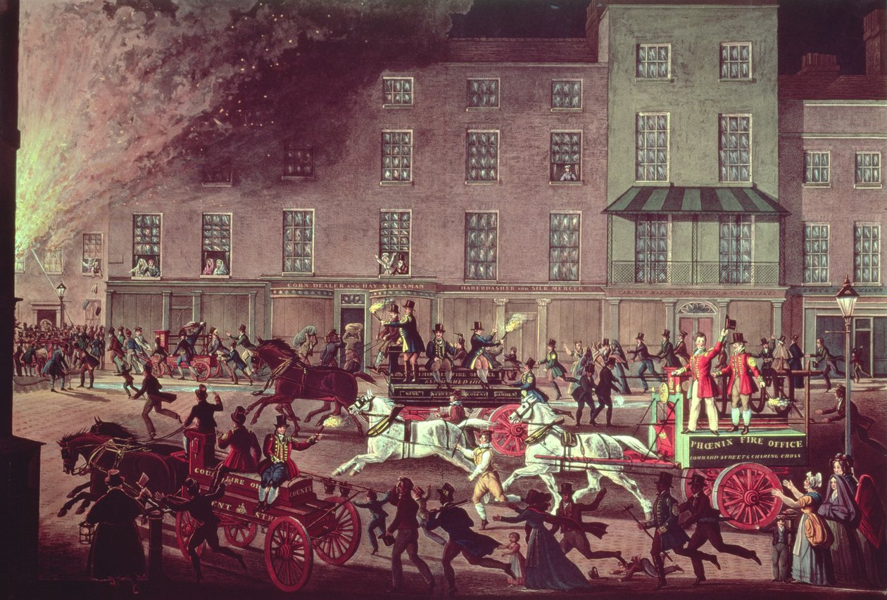 Londyńskie wozy strażackie, grawerowane przez R.G. Reeve, wyd. Thomas McLean, ok. 1830 r. autorstwa James Pollard