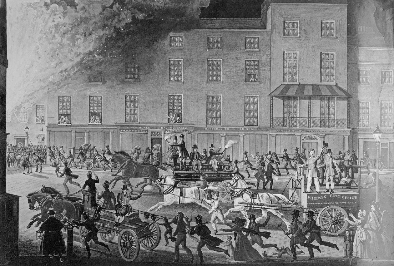 London Fire Engines, Noble Protectors of Lives and Property, grawerowane przez R.G. Reeve, wyd. Thomas McLean, ok. 1830 r. autorstwa James Pollard