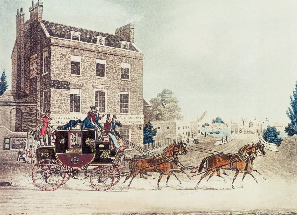Quicksilver Royal Mail mijający Star and Garter na Kew Bridge, 1835 r. autorstwa James Pollard