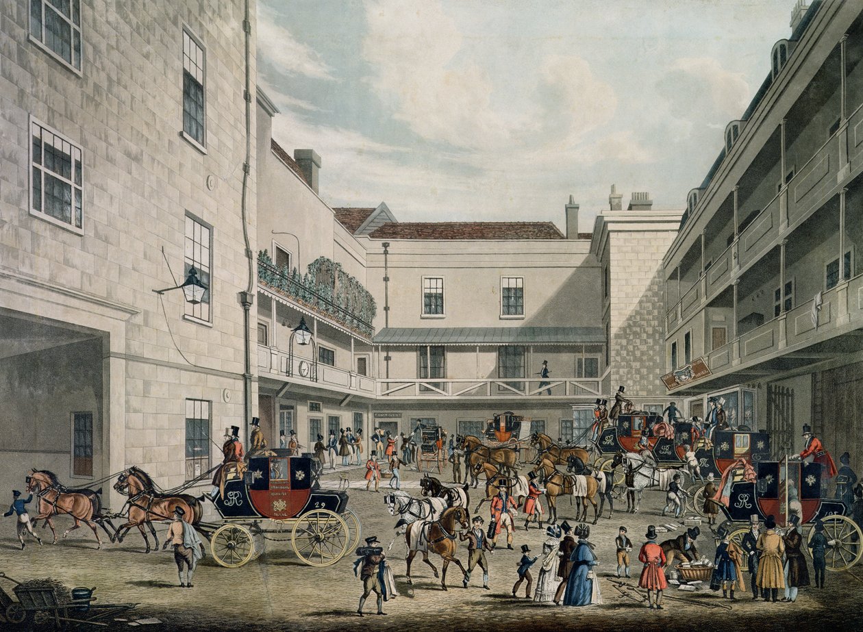 Royal Mail Coaches opuszczających The Swan z Two Necks Inn, Lad Lane, grawerowane przez F. Rosenberga, 1831 autorstwa James Pollard