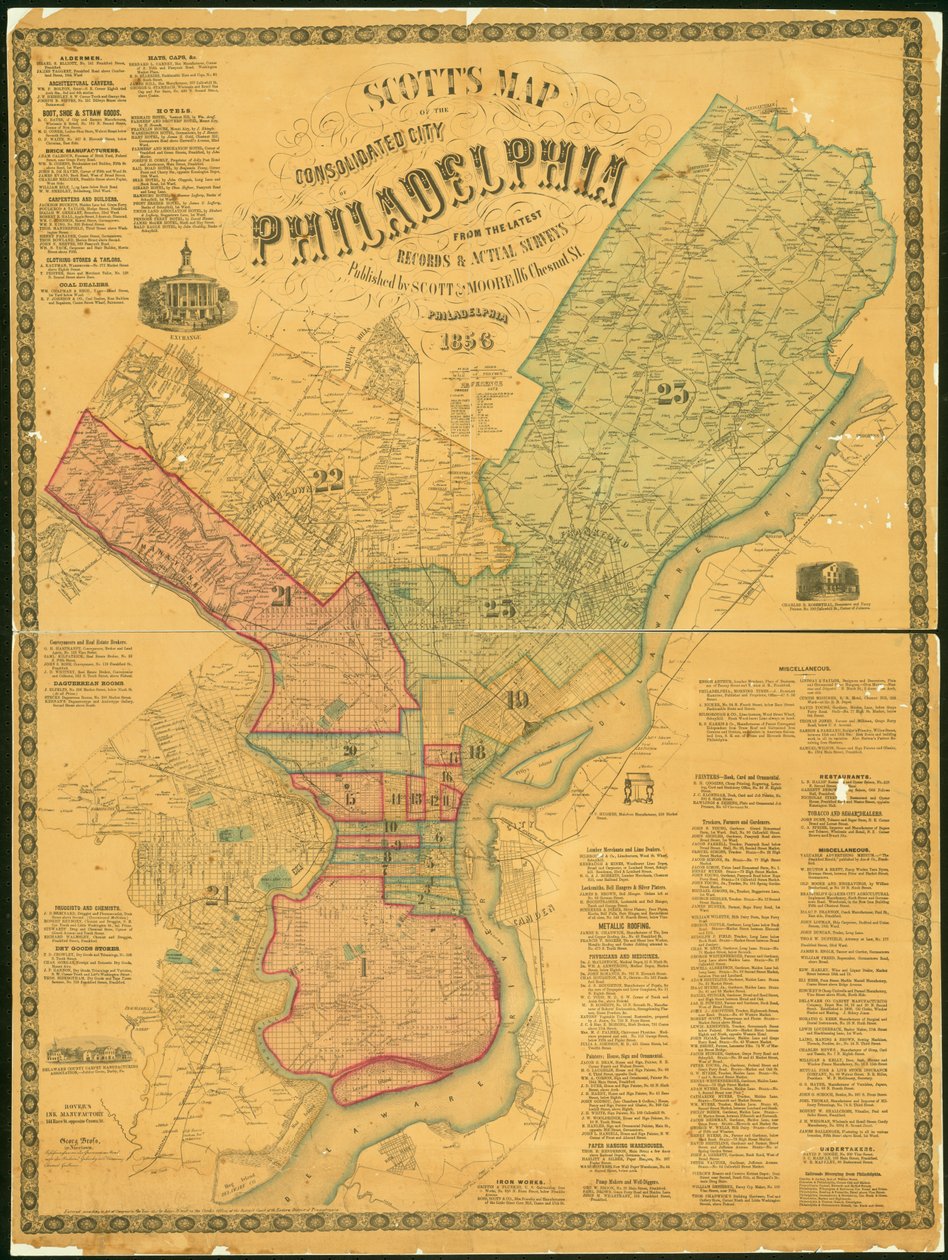 Szkocka mapa skonsolidowanego miasta Filadelfii, 1856 (rycina ręcznie kolorowana) autorstwa James F. Scott