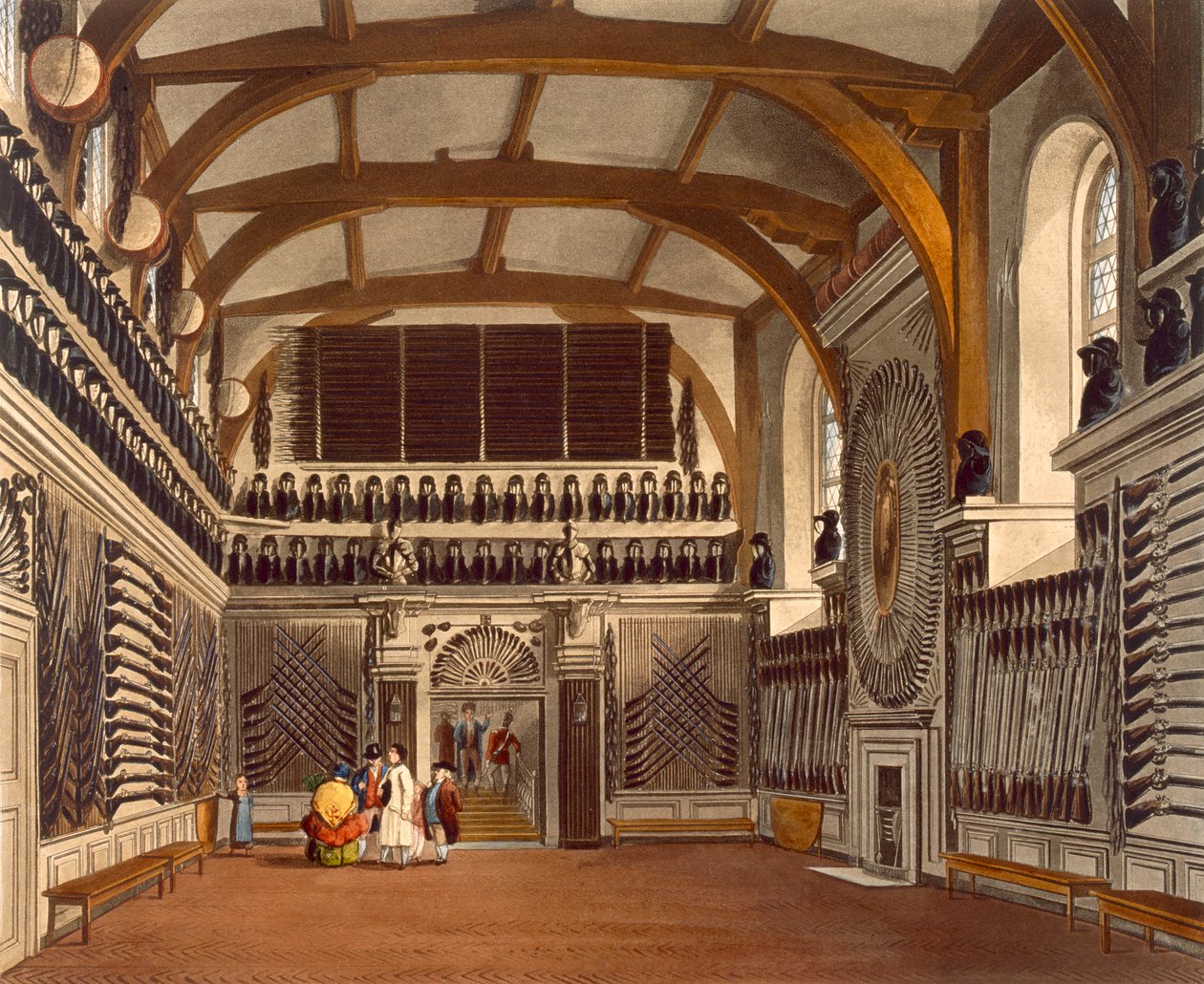 Stara Komnata Straży, Okrągła Wieża, Zamek Windsor, z „Rezydencji Królewskich”, ryt. Thomas Sutherland (ur. 1785), wyd. William Henry Pyne (1769-1843), 1818 (akwatinta) autorstwa James Stephanoff
