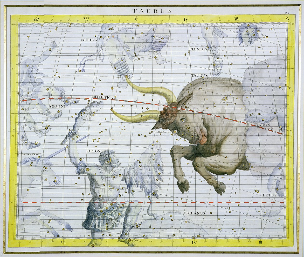 Konstelacja Byka, tablica 2 z Atlasu Coelestis, autorstwa Johna Flamsteeda (1646-1710), wydana w 1729 r. (rycina ręcznie kolorowana) autorstwa James Thornhill